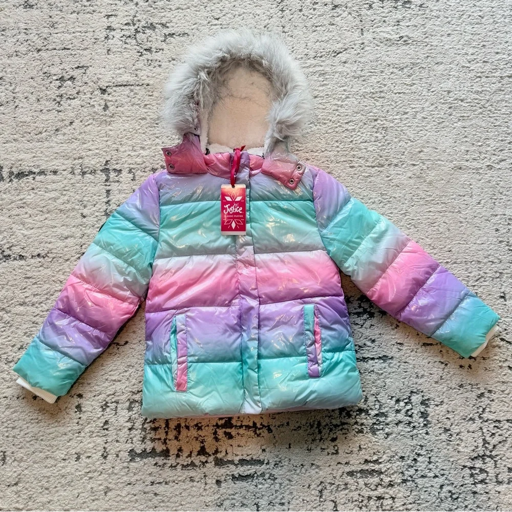 NWT-Girls Justice Sparkle Sherpa Classic Puffer Jacket Faux Fur Hood Sz 5/6 XS